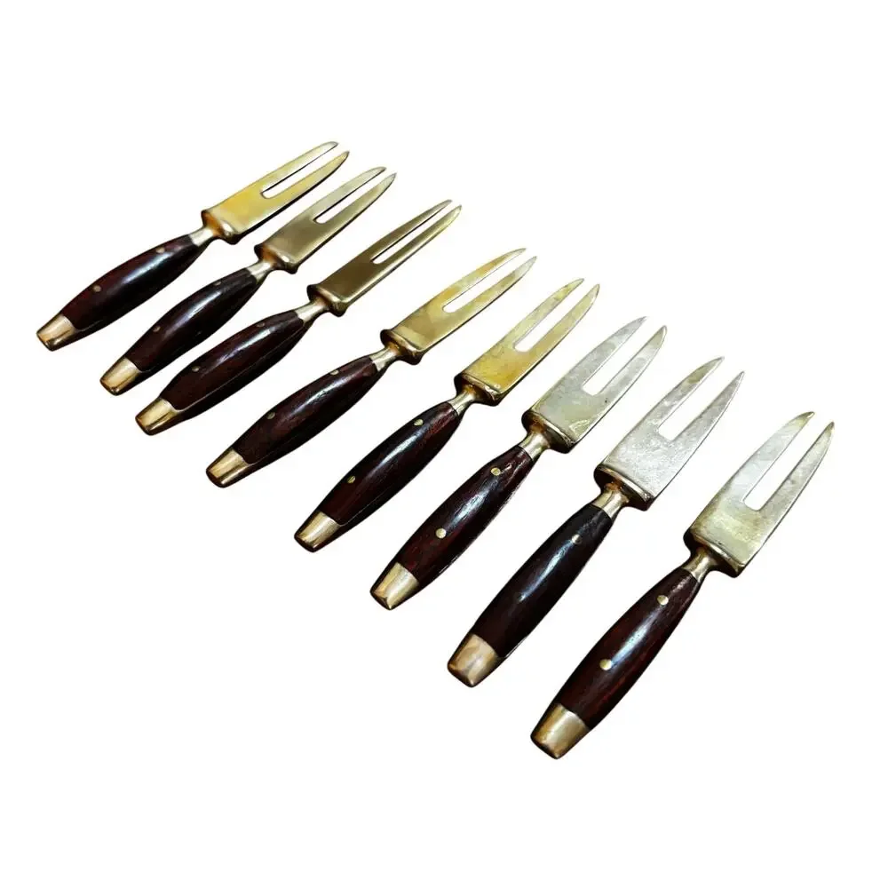 Vintage mid century cocktail forks teak wood & brass set of 8 tiki party supply